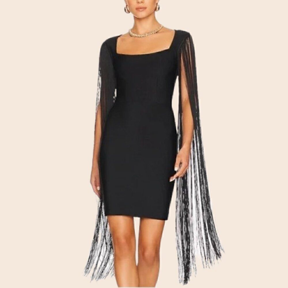 NWT Black ELLIATT x Revolve Quelux Dress with Tassle Sleeves Size XXS